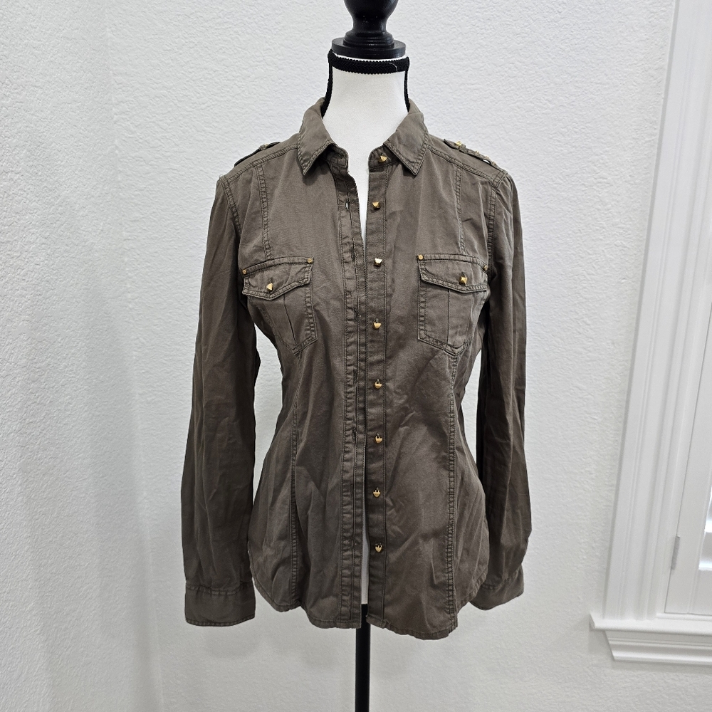 Forever 21 Button Up Top Shirt Size Small Gold Studs Green Uniform Color